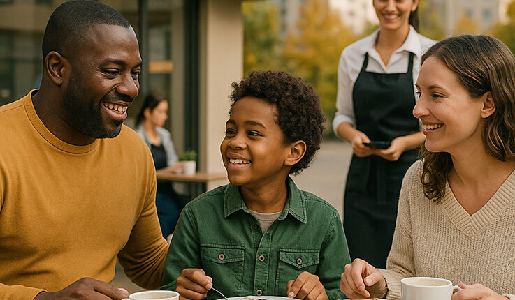 Eine lächelnde dreiköpfige Familie genießt ein Dessert und einen Kaffee an einem Tisch des Sozialcafés Thermometer im Freien, während eine Kellnerin mit einem Notizblock in der Nähe steht. Die warme, angenehme Atmosphäre suggeriert einen glücklichen Moment des Zusammenseins in diesem neuen Projekt.